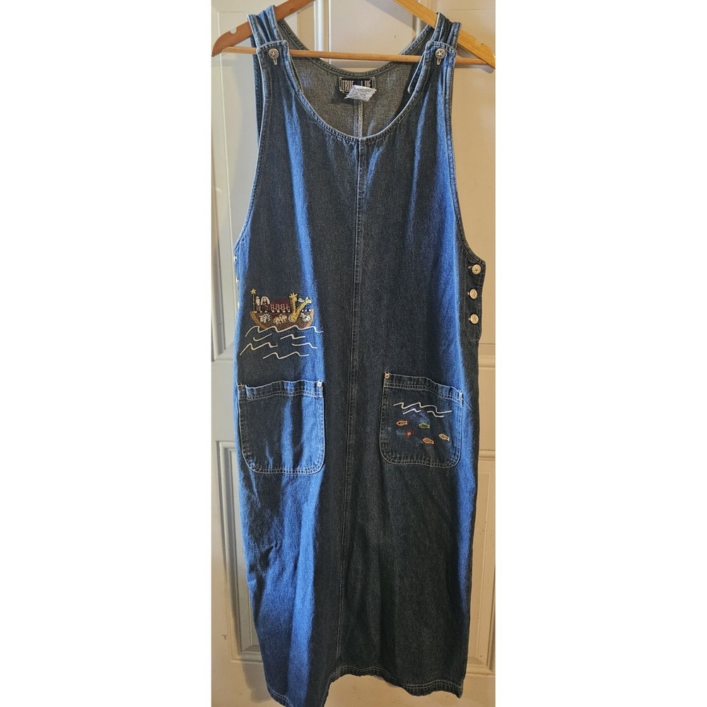 Vintage True Blue Denim Jumper Dress Womens Large Noah's Ark Embroidered...